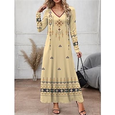 Women's Vintage Dress Casual Dress Geometric Print V Neck Long Dress Maxi Dress Vintage Maxi Street Vacation Long Sleeve Loose Fit Pink Blue Purple Spring S M L XL 2XL Lightinthebox