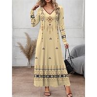 Women's Vintage Dress Casual Dress Geometric Print V Neck Long Dress Maxi Dress Vintage Maxi Street Vacation Long Sleeve Loose Fit Pink Blue Purple Spring S M L XL 2XL Lightinthebox - thumbnail