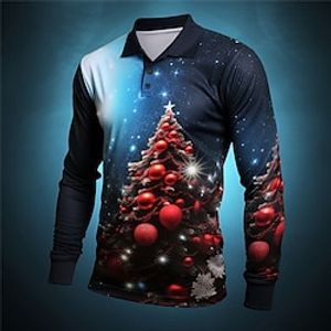Skull Christmas Tree Casual Men's 3D Print Golf Polo Outdoor Casual Daily Streetwear Christmas Polyester Long Sleeve Turndown Polo Shirts Dark Navy Blue Fall  Winter S M L Micro-elastic Lapel Polo Lightinthebox