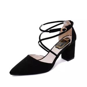Pointed Toe Strappy Buackle Square Heel Lace Pumps