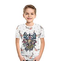 Kids Boys' T shirt Tee Short Sleeve Deer 3D Print Floral Animal White Children Tops Summer Active Daily Wear Regular Fit 3-12 Years miniinthebox - thumbnail
