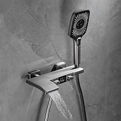 Wall Mount Bathtub Faucet with Handheld Shower Sprayer, LED Display Wall Mounted Tub Shower Set Brass Valve Waterfall Spout, Bathroom Single Handle Mixer Tap, Hand Held Filler Shower System Lightinthebox