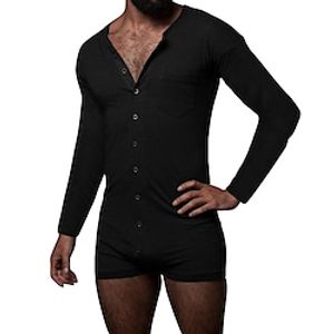 Men's Loungewear Bodysuits Jumpsuit Onesie Pajamas 1 PCS Pure Color Fashion Comfort Soft Home Bed Spa Polyester Breathable Plunging Neck Long Sleeve Basic Winter Fall Black White miniinthebox