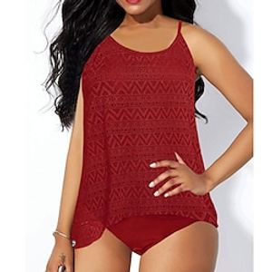 Women's Swimwear Tankini 2 Piece Plus Size Swimsuit Backless Lace Pure Color Black Blue Purple Dark Gray Red Scoop Neck Bathing Suits New Casual Vacation / Modern miniinthebox