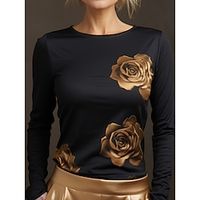 Women's T shirt Tee Rose Black Print Long Sleeve Daily Going out Elegant Fashion Round Neck Regular Fit Spring Lightinthebox - thumbnail