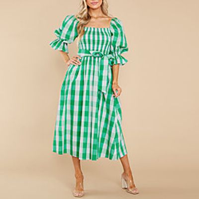 Women's A Line Dress Midi Dress Green Black Pink Orange Short Sleeve Houndstooth With Belt Cold Shoulder Print Summer Square Neck Off Shoulder Stylish Elegant Casual Puff Sleeve 2021 S M L XL XXL Lightinthebox