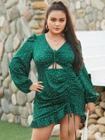 YOINS Plus Size V-neck Polka Dot Drawstring Cut Out Long Sleeves Mini Dress - thumbnail