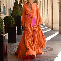 Women's A Line Dress Maxi long Dress Orange Long Sleeve Solid Color Split Fall V Neck Elegant Casual 2021 S M L XL XXL 3XL Lightinthebox - thumbnail