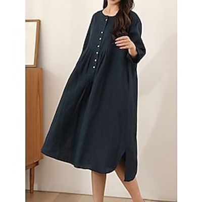 Women's Casual Dress Linen Dress Swing Dress Midi Dress Linen Fashion Casual Outdoor Daily Vacation Crew Neck Ruched Button 34 Length Sleeve Fall Winter Autumn 2023 Loose Fit Navy Blue Plain One-Size Lightinthebox Women's Casual Dress Linen Dress Swing Dress Midi Dress Linen Fashion Casual Outdoor Daily Vacation Crew Neck Ruched Button 34 Length Sleeve Fall Winter Autumn 2023 Loose Fit Navy Blue Plain One-Size Lightinthebox