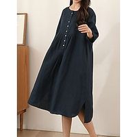 Women's Casual Dress Linen Dress Swing Dress Midi Dress Linen Fashion Casual Outdoor Daily Vacation Crew Neck Ruched Button 34 Length Sleeve Fall Winter Autumn 2023 Loose Fit Navy Blue Plain One-Size Lightinthebox - thumbnail