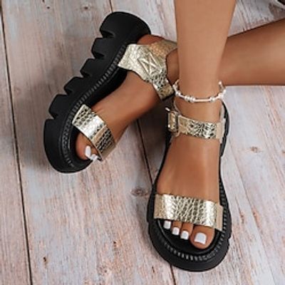 Women's Sandals Platform Sandals Plus Size Daily Buckle Flat Heel Peep Toe Casual Faux Leather Ankle Strap Solid Color Black White Gold miniinthebox