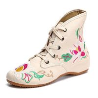 Floral Print Embroidery Lace Up Retro Wedge Heel Boots