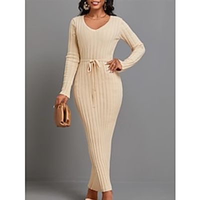 Women's Sweater Dress V Neck Ribbed Knit Polyester Knitted Fall Winter Long Outdoor Daily Holiday Stylish Casual Soft Long Sleeve Pure Color Black White Apricot S M L miniinthebox
