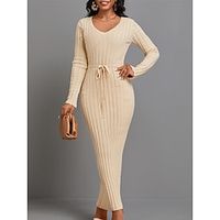 Women's Sweater Dress V Neck Ribbed Knit Polyester Knitted Fall Winter Long Outdoor Daily Holiday Stylish Casual Soft Long Sleeve Pure Color Black White Apricot S M L miniinthebox - thumbnail