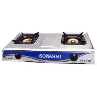 Sonashi Double Gas Burner Stainless Steel Panel Enamel Fixed Pan Support Automatic Ignition System - SGB-203SFFD