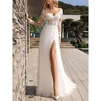 Beach Formal Wedding Dresses A-Line V Neck Long Sleeve Sweep  Brush Train Lace Bridal Gowns With Pleats Split Front 2023 Lightinthebox - thumbnail