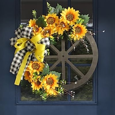 1pc, Sunflower Wheel Wreath - Simulation Flower Bow Door Decoration for Wall Hanging - Rustic Wooden Wheel with Rattan Ring miniinthebox