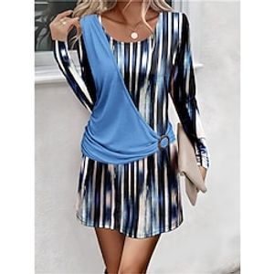 Women's Casual Dress Winter Dress Stripe Print Patchwork Crew Neck Mini Dress Fashion Streetwear Outdoor Daily Long Sleeve Regular Fit Pink Blue Green Fall Winter S M L XL XXL Lightinthebox