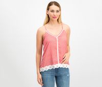 Women Juniors Gingham Crochet Tank  Red/White Gingham - thumbnail