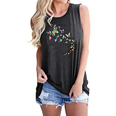 Women's Holiday Tank Top Vest T shirt Graphic Butterfly Print Round Neck Basic Tops Blue Purple Light gray  Going out Lightinthebox