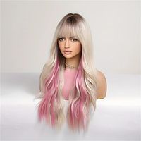 Long Wavy Hair With Bangs Losse Wavy Hair With Dark Roots Pink Highlight Synthetic Wig Natural Synthetic Wig Hair Replacement Wig For Women Daily Party Use 26 Inch Christmas Party Wigs Lightinthebox - thumbnail