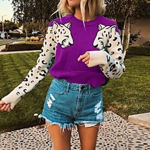 Women's Pullover Sweater Modern Style Leopard Print Active Casual Long Sleeve Sweater Cardigans Round Neck Fall Winter Sapphire Blue Wine Red Blue-Green / Holiday miniinthebox