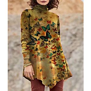Women's Butterfly Painting T shirt Dress Butterfly Animal Long Sleeve Print High Neck Basic Tops Yellow Lightinthebox