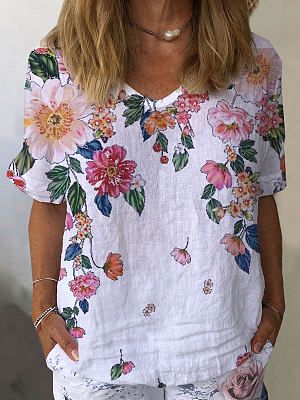 Round Neck Floral Print Casual Loose Short Sleeve Blouse Round Neck Floral Print Casual Loose Short Sleeve Blouse