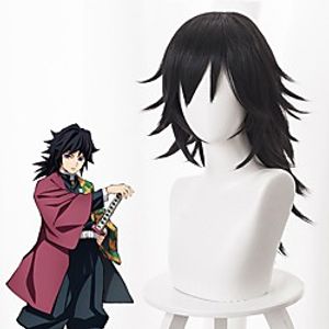 Demon Slayer: Kimetsu no Yaiba Tomioka Giyuu Cosplay Wigs Men's Layered Haircut 16 inch Heat Resistant Fiber Curly Black Teen Adults' Anime Wig miniinthebox