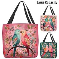 Women's Tote Shoulder Bag Canvas Tote Bag Polyester Valentine's Day Shopping Daily Print Large Capacity Foldable Lightweight Bird Light Pink Pink Dark Green Lightinthebox - thumbnail