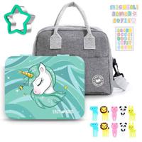 Eazy Kids Unicorn Green 6 - 4 Compartment Bento Lunch Box With Lunch Bag - Grey