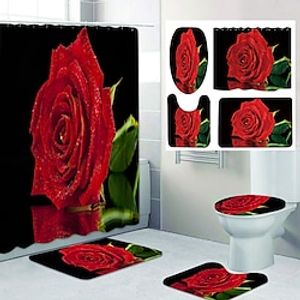 Valentine's Day Bathroom Deco 4 Pcs Shower Curtain Set Bathroom Sets Modern Home Bathroom Decor with Bath Mat U Shape and Toilet Lid Cover Mat and 12 Hooks miniinthebox