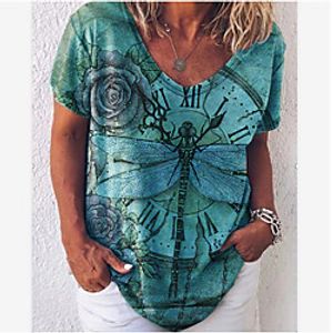 Women's Floral Theme Painting T shirt Floral Graphic Animal Print V Neck Basic Tops Blue Green Red miniinthebox