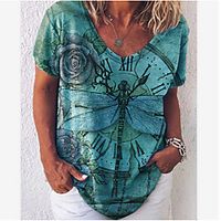 Women's Floral Theme Painting T shirt Floral Graphic Animal Print V Neck Basic Tops Blue Green Red miniinthebox - thumbnail