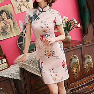 Women's Bodycon Short Mini Dress White Pink Dusty Rose Khaki Short Sleeve Floral Animal Embroidered Split Print Spring Summer Mandarin Collar Elegant Vintage Traditional 2021 S M L XL XXL 3XL Lightinthebox