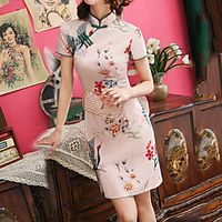 Women's Bodycon Short Mini Dress White Pink Dusty Rose Khaki Short Sleeve Floral Animal Embroidered Split Print Spring Summer Mandarin Collar Elegant Vintage Traditional 2021 S M L XL XXL 3XL Lightinthebox - thumbnail