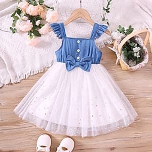 Kids Girls' Dress Solid Color Summer Dress Knee-length Dress School Square Collar Short Sleeve Adorable Dress 3-7 Years Summer Blue Lightinthebox