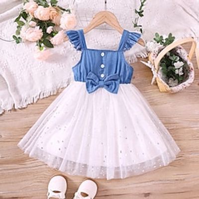 Kids Girls' Dress Solid Color Summer Dress Knee-length Dress School Square Collar Short Sleeve Adorable Dress 3-7 Years Summer Blue Lightinthebox