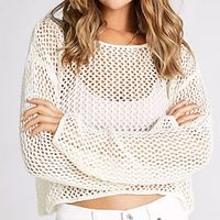 Women's Sweater Knitted Pure Color Stylish Long Sleeve Sweater Cardigans Crew Neck Spring Summer White Lightinthebox - thumbnail