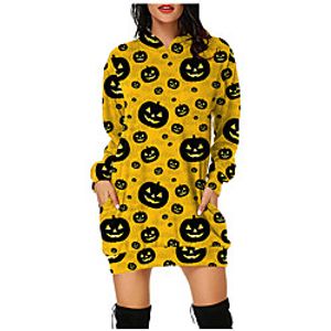 Women's Pullover Hoodie Sweatshirt Hoodie Dress Halloween Pumpkin Print Halloween Casual 3D Print Streetwear Halloween Hoodies Sweatshirts  Yellow Orange miniinthebox