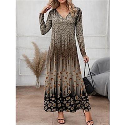 Women's Casual Dress SpringDress Leopard Print V Neck Long Dress Maxi Dress Streetwear Maxi Street Vacation Long Sleeve Loose Fit Blue Purple Brown Spring S M L XL 2XL Lightinthebox