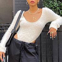 Women's Bodysuit Solid Color U Neck Basic Street Going out Regular Fit Long Sleeve Beige S M L Fall miniinthebox - thumbnail