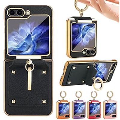 Phone Case For Samsung Galaxy Z Flip 5 Z Flip 4 Z Flip 3 Clear View Window Kickstand Ring Buckle Solid Color PU Leather miniinthebox
