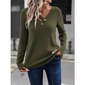 Women's Blouse Ribbed Plain Army Green Button Long Sleeve Casual Going out Fashion Streetwear Round Neck Regular Fit Spring Lightinthebox