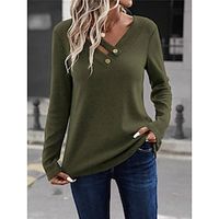 Women's Blouse Ribbed Plain Army Green Button Long Sleeve Casual Going out Fashion Streetwear Round Neck Regular Fit Spring Lightinthebox - thumbnail