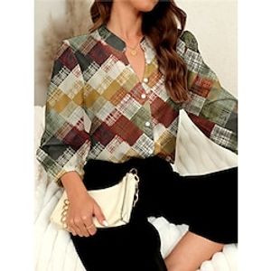 Women's Shirt Blouse Geometric Work Casual Red Blue Green Print Button Long Sleeve Fashion Modern Standing Collar Regular Fit Spring Lightinthebox