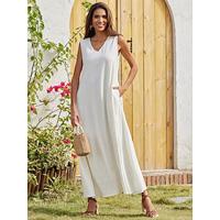 Women's Linen Cotton Maxi Dress White Resort Wear Essential Casual Vacation Dress V-Neck Loose Fit Pocket Tank Dress