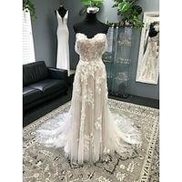 Beach Formal Wedding Dresses A-Line Sweetheart Short Sleeve Court Train Lace Bridal Gowns With Pleats Appliques 2023 Lightinthebox - thumbnail