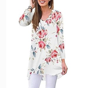 Amazon 2021 Autumn And Winter Printed V-Neck Long-Sleeved T-Shirt Cross-Border Mid-Length Casual Floral Top Spot miniinthebox