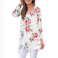 Amazon 2021 Autumn And Winter Printed V-Neck Long-Sleeved T-Shirt Cross-Border Mid-Length Casual Floral Top Spot miniinthebox - thumbnail